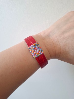 El  Yapımı  Miyuki Boncuklu Kırmızı Deri Bileklik