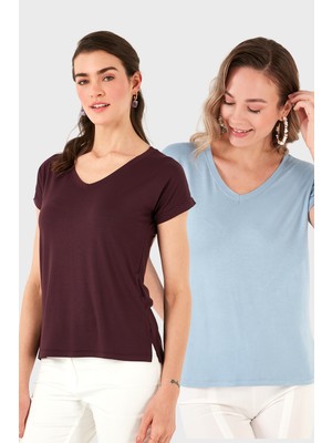 Lela V Yaka Relaxed Fit Yırtmaç Detaylı 2'li Paket Bluz Bayan Bluz 5862000S2