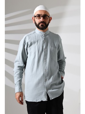 Erkek Hakim Yaka Uzun Kollu Düğmeli Müslin Gömlek Mavi