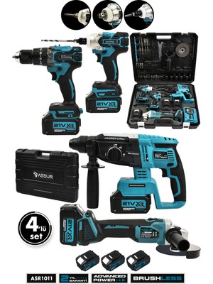 Assur Plus Assur Profesyonel 21V Akülü Vidalama & Taşlama & Kırıcı Delici Hilti & Somun Sıkma Sökme 4'lü Set
