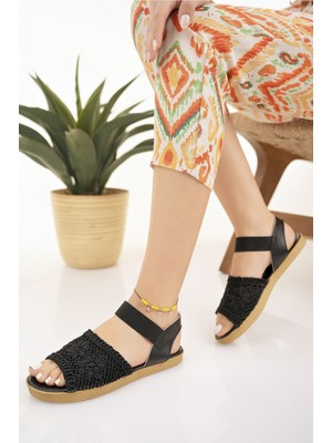 Kadın Hasır Sandalet Siyah Örgü Dantel Triko Nakış Işlemeli Yeni Sezon Yazlık Ev Plaj Tatil Sandalet