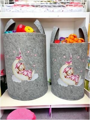 Unisex Gri Sevimli Ayıcık Büyük ve Orta Boy Oyuncak Çamaşır Sepeti