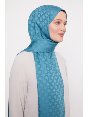 Petrol Yeşili Kare Geçişli Desen Blue Jakar Şal