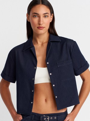 50506 Cepli Crop Gömlek-Lacivert