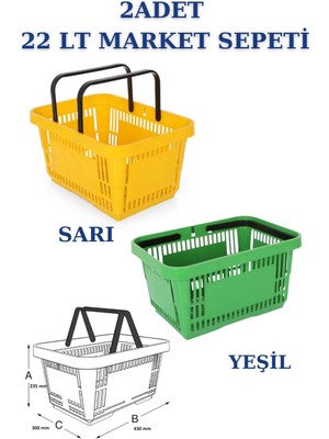 22 Litre 2 Renk 2 Adet Market Sepeti, Alışveriş Sepeti, Saplı Market Sepeti
