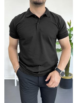 Edwox Erkek Slim Fit Düz Renk Pamuklu Soft Polo Tişört Siyah EDW365