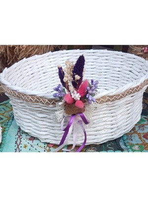 Beyaz Geri Dönüşüm Hasır Örgüsü Çiçek Detaylı Sepet