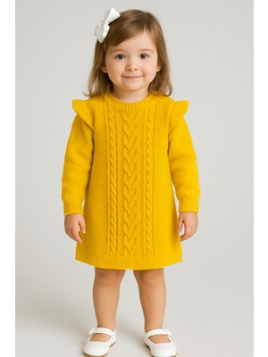 Sarı Triko Uzun Kol Çocuk Elbise