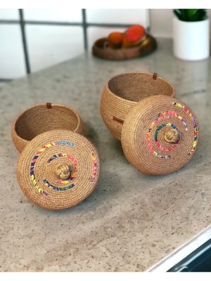 Hasır Sepet, 2'li Hasır Ipten Kapaklı Sepet, Çok Amaçlı Saklama Kutusu, Hediyelik Sepet