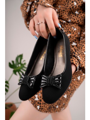 Akgün Terlik Kadın Siyah Nubuk Fiyonk Taş Şık Ev Ayakkabısı