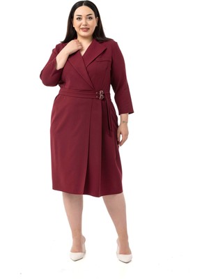 Büyük Beden Kruvaze Yaka Truvakar Kol Pileli Midi Bordo Elbise