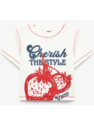 Koton Bisiklet Yaka Kısa Kollu Çilek Baskılı Crop Tişört