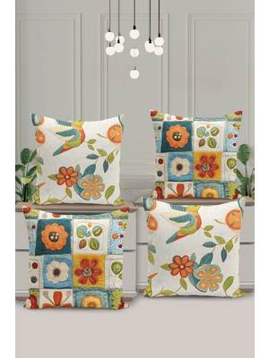 4 Lü Çift Taraflı Dijital Baskı Kırlent Kılıfı Kapitone Görünümlü Çiçek Desenli