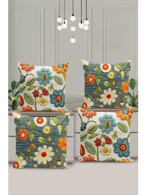 4 Lü Çift Taraflı Dijital Baskı Kırlent Kılıfı Kapitone Görünümlü Çiçek Desenli