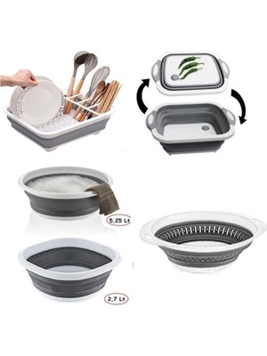 5 Parça Akordiyon Katlanır Badya(2,7-5lt)Süzgeç Kesme Tahtası Bulaşık Seti-Çeyiz Seti-Katlanir Kova