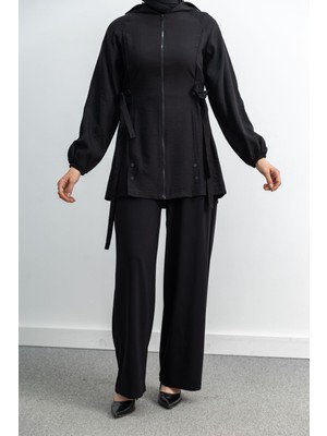Letafet Şerit Detaylı Kapüşonlu Fermuarlı Ceket - Siyah