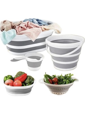 Katlanır 5 Li Set - Çamaşır Sepeti - Kova - Maşrapa - Badya - Süzgeç