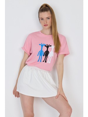 Pembe Oversize Zürafa Baskılı Tişört 2150-12M