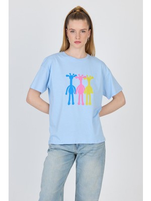 Mavi Oversize Zürafa Baskılı Tişört 2150-12M