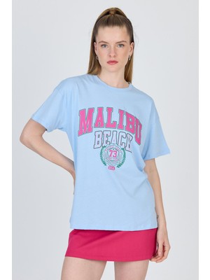 Mavi Yazı Baskılı %100 Pamuk Oversize Tişört 2150-17M