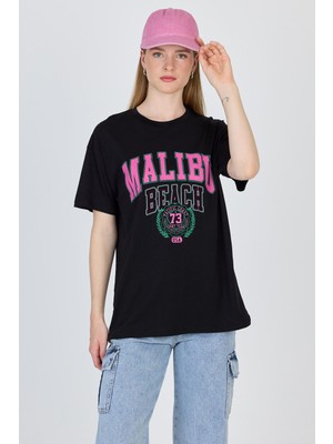 Siyah Yazı Baskılı %100 Pamuk Oversize Tişört 2150-17M