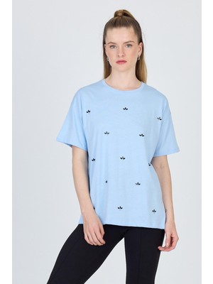 Mavi Yazı Baskılı %100 Pamuk Oversize Tişört 2150-18M