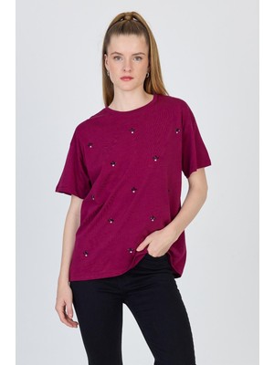 Bordo Yazı Baskılı %100 Pamuk Oversize Tişört 2150-18M