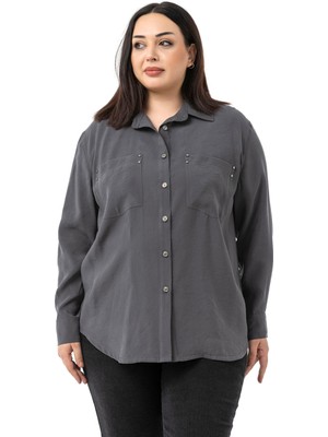 Büyük Beden Torba Cepli Rivetli Antrasit Gömlek