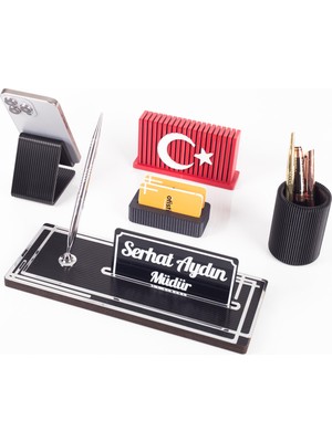 Vera Türk Bayraklı Gümüş Ahşap Masa Isimliği Seti Çizgi Desenli Ofis Dekoratif Masa Üstü Isimlik