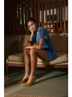 Seniorah Vexta Taba Cilt Sivri Burun Arkası Açık Kadın Topuklu Ayakkabı