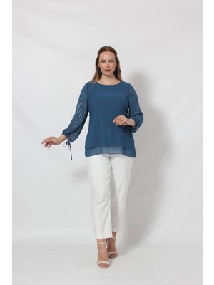 3243 Kolu Taş Baskılı Şık Bluz Indigo
