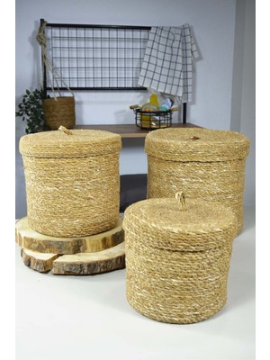 Elisa - Hasır Kapaklı 3 Lü Yuvarlak Genel Amaçlı Saklama Sepeti