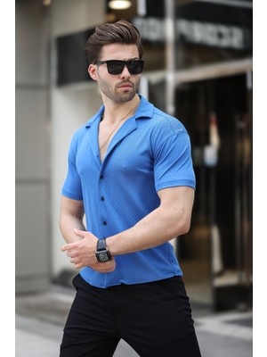 Erkek Yazlık Likralı Slim Fit Gömlek Yaka Kısa Kollu Gömlek