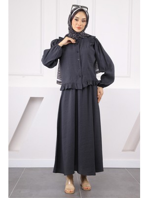 Antrasit Fırfırlı Gömlek Etekli Takım