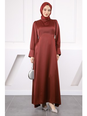 Bordo Kol Düğmeli Beli Kuşaklı Saten Abiye