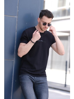 Expect Slim Fit Likralı Bisiklet Yaka Baskılı Erkek Tshirt