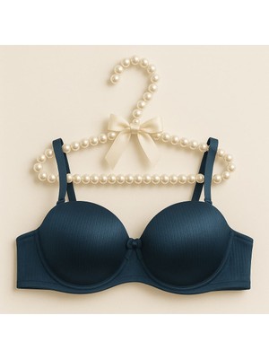 Çizgili Saten Işıltısı Petrol Mavisi B Cup Push-Up Straplez Sütyen