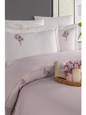 Newhome Çift Kişilik Saçaklı El Nakışlı  %100 Pamuk Lüx Pike Takımı Gülkurusu