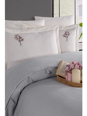 Newhome Çift Kişilik Saçaklı El Nakışlı  %100 Pamuk Lüx Pike Takımı Gri
