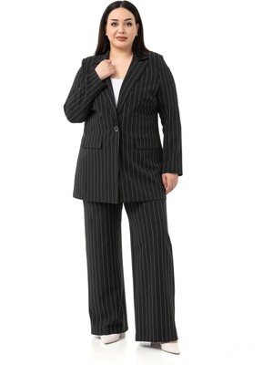 Büyük Beden Çizgili Siyah Ceket Pantolon Ikili Takım