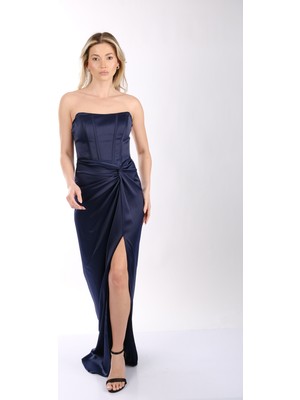 Straplez Önden Yırtmaçlı Saten Abiye Elbise Dori 00KB5062