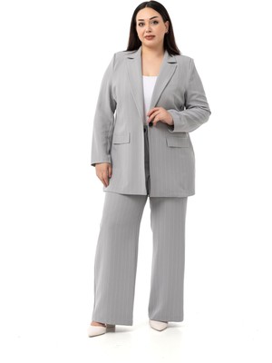 Büyük Beden Çizgili Gri Ceket Pantolon Ikili Takım