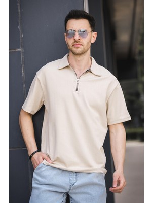 Lond Polo Yaka Jakar Kumaş Yarım Fermuarlı Erkek Tshirt