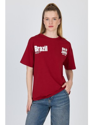 Bordo Yazı Baskılı %100 Pamuk Oversize Tişört 6403