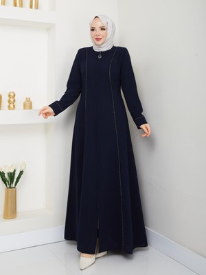 Belçim Kadın Büyük Beden Önü Taşlı Etamin Kumaş Ferace