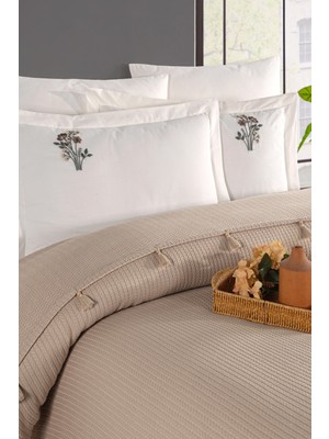 Newhome Çift Kişilik Saçaklı El Nakışlı %100 Pamuk Lüx Pike Takımı Kapiçino