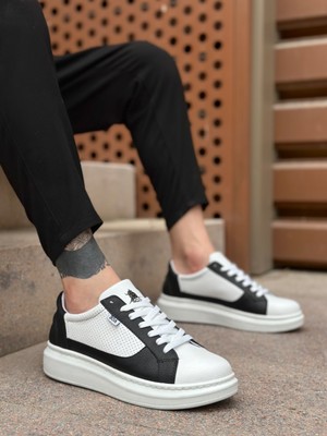 BA0423 Boa Kalın Yüksek Taban Beyaz Siyah Bağcıklı Spor Erkek Ayakkabı