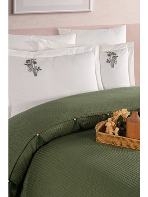 Newhome Çift Kişilik Saçaklı El Nakışlı %100 Pamuk Lüx Pike Takımı Yeşil