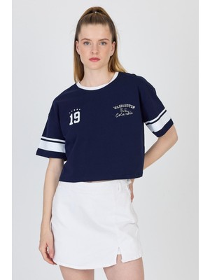 Lacivert Yazı Baskılı Crop Tişört 6584