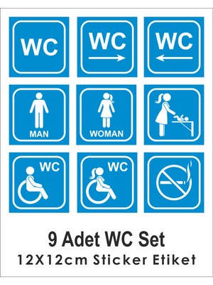 9 Lu Wc Seti Sticker Etiket Boyut 12X12 cm Kendinden Yapışkanlı Dış Mekana Uygun Renk ( Mavi )